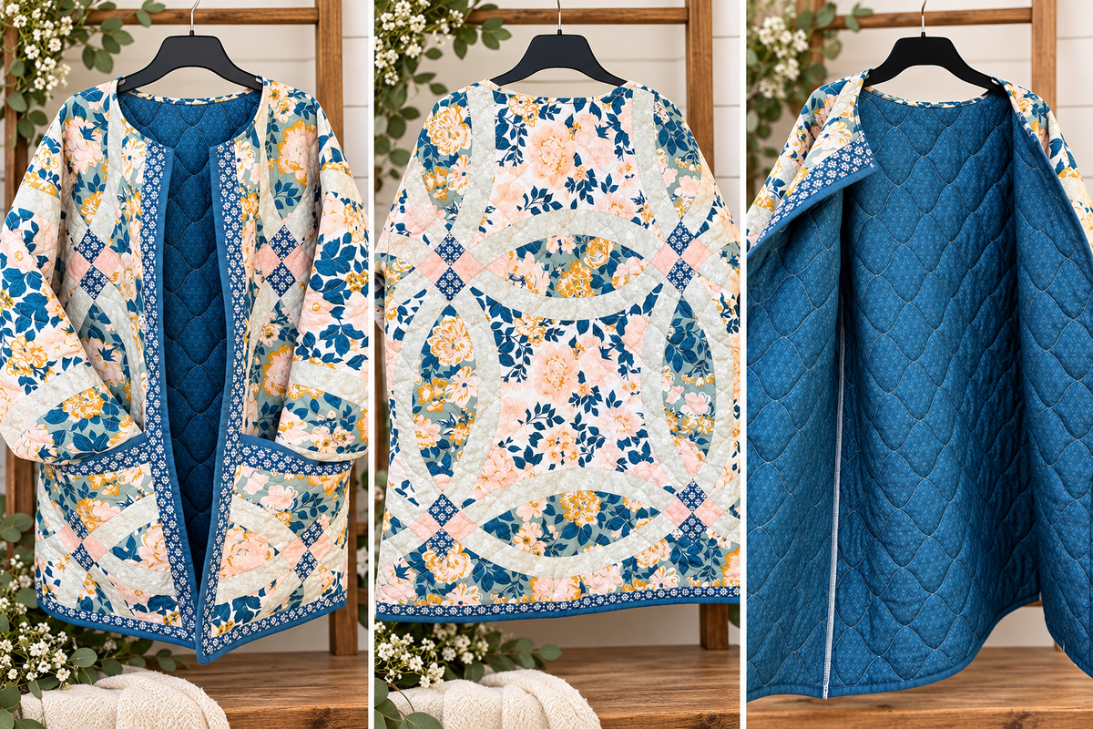 Blue floral upcycled quilt coat
