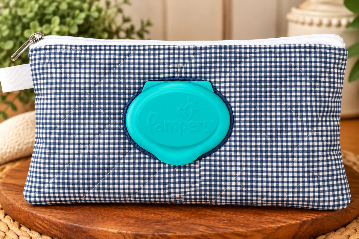 Navy checkered diaper wipe case