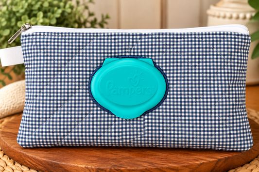 Navy checkered diaper wipe case
