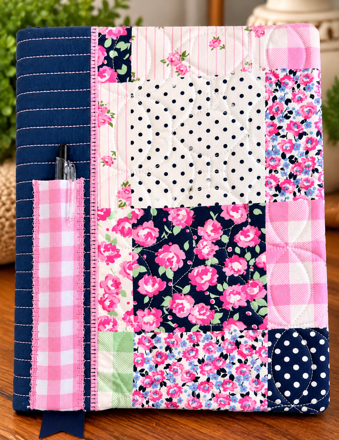 Pink and navy patch notebook cover